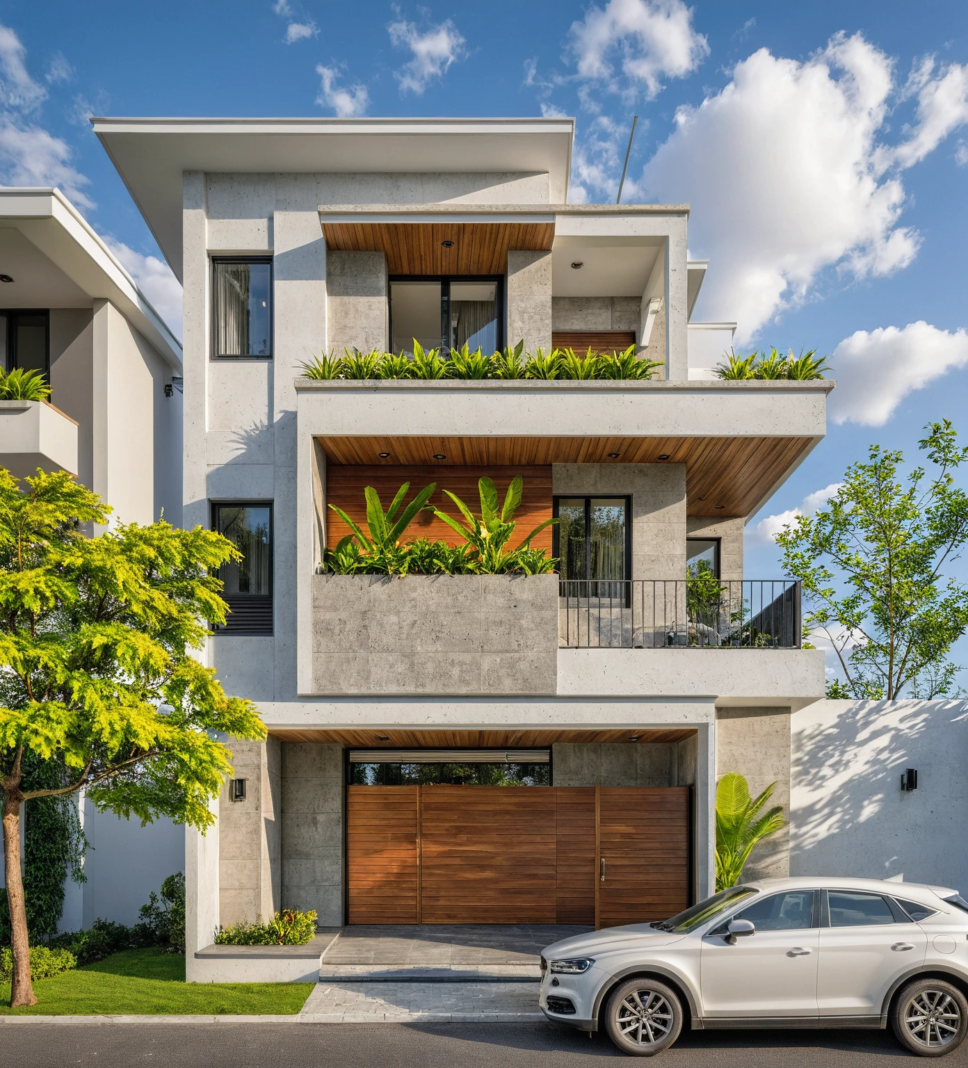 Masterpiece, high quality, best quality, authentic, realistic scene, super detail, conwood wall, concrete roof, outdoors, house on the street, white wall, glass window, steel gate, road, pavement, grass, trees, sky, cloud, car, crowded street (daylight:1.1)
