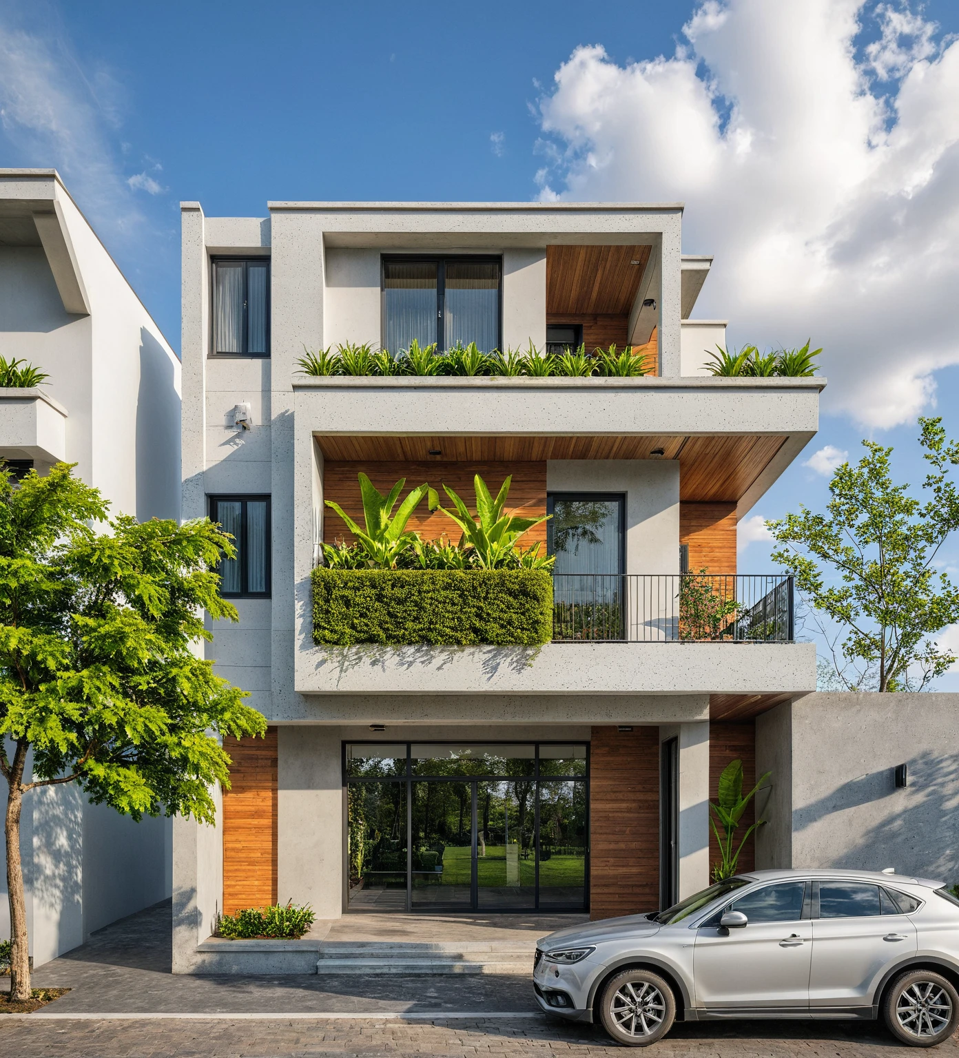 Masterpiece, high quality, best quality, authentic, realistic scene, super detail, conwood wall, concrete roof, outdoors, house on the street, white wall, glass window, steel gate, road, pavement, grass, trees, sky, cloud, car, crowded street (daylight:1.1)