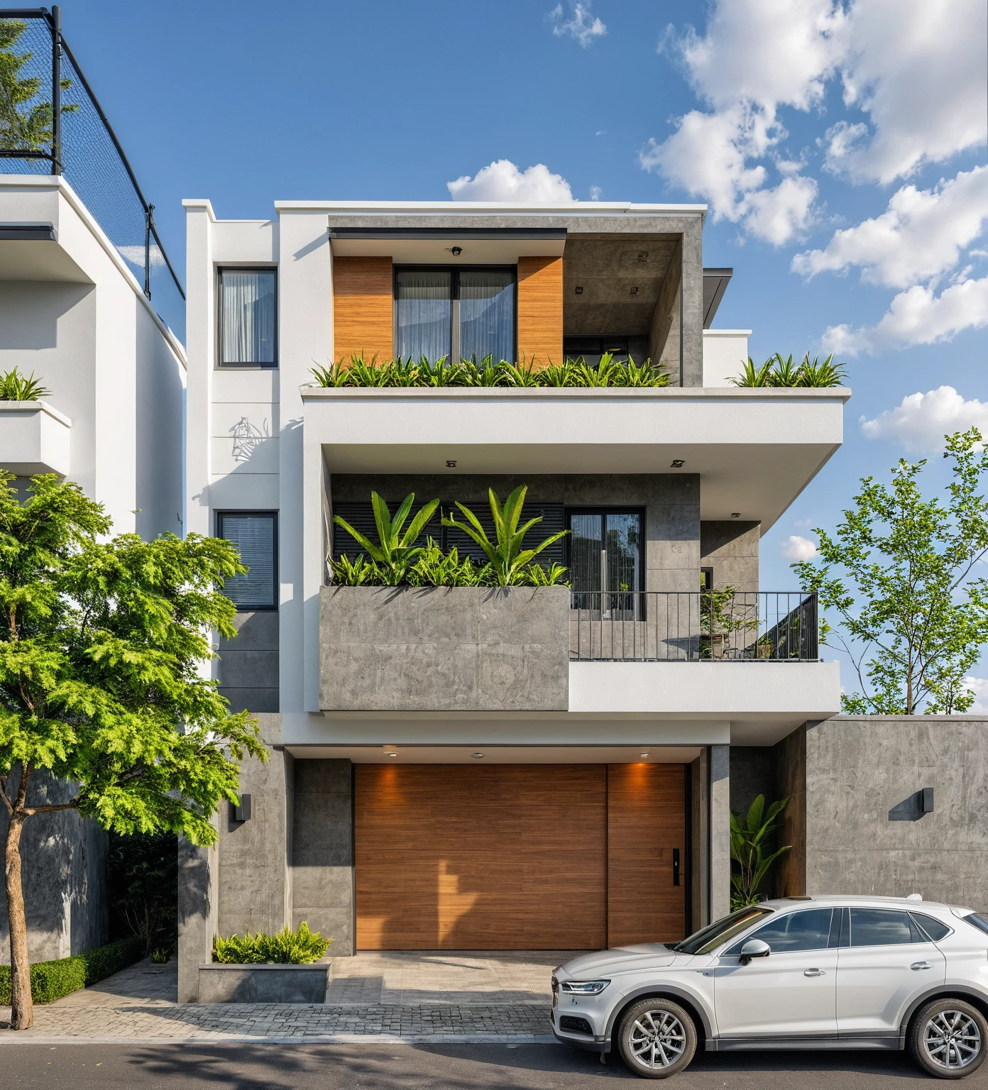 Masterpiece, high quality, best quality, authentic, realistic scene, super detail, conwood wall, concrete roof, outdoors, house on the street, white wall, glass window, steel gate, road, pavement, grass, trees, sky, cloud, car, crowded street (daylight:1.1)