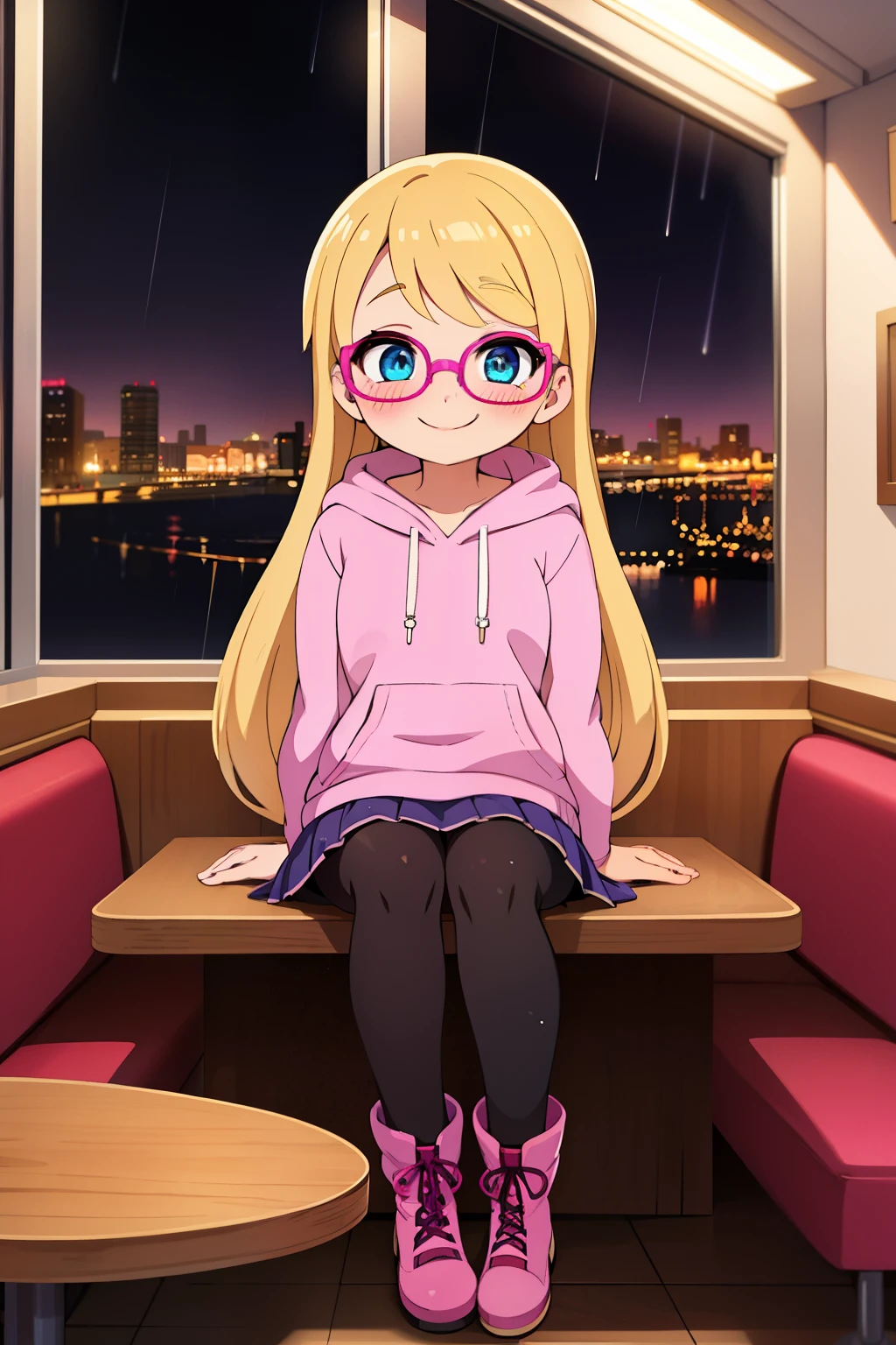 1girl, solo, 13-year-old, penny peterson, long hair, blonde hair, blue eyes, magenta glasses, bright pink hoodie, dark lavender pleated skirt,  loose skirt, white trimmings, burgundy leggings, pink wide heel boots, sitting at a booth, cityscape, inside, window, coffee shop, solo, table, sitting across, point of view, night time, rain, raindrops on window, blushing, smile, blushing smile,