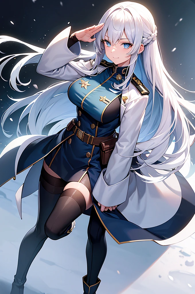 Content:
An anime woman in a military uniform. She has light blue eyes, white hair that ends halfway down her back, and knee-high military boots. She wears a confident smile, looking very mature, with her hands on her hips.

Medium:
Digital art, anime illustration.

Style:
Pixiv contest winner, fine art, with elements inspired by historical military aesthetics and anime character design.

Lighting:
Dramatic, with strong contrasts to highlight her authoritative presence and the details of her uniform. Subtle shadows to add depth and realism.

Colours:
A palette dominated by military greens, blacks, and silvers, with the light blue of her eyes and white of her hair standing out against the darker tones of her uniform.

Composition:
A full body shot with a 50mm lens. The background is a snowy scene, as if a blizzard is happening behind her. She salutes to the camera, showcasing her confidence and authority.