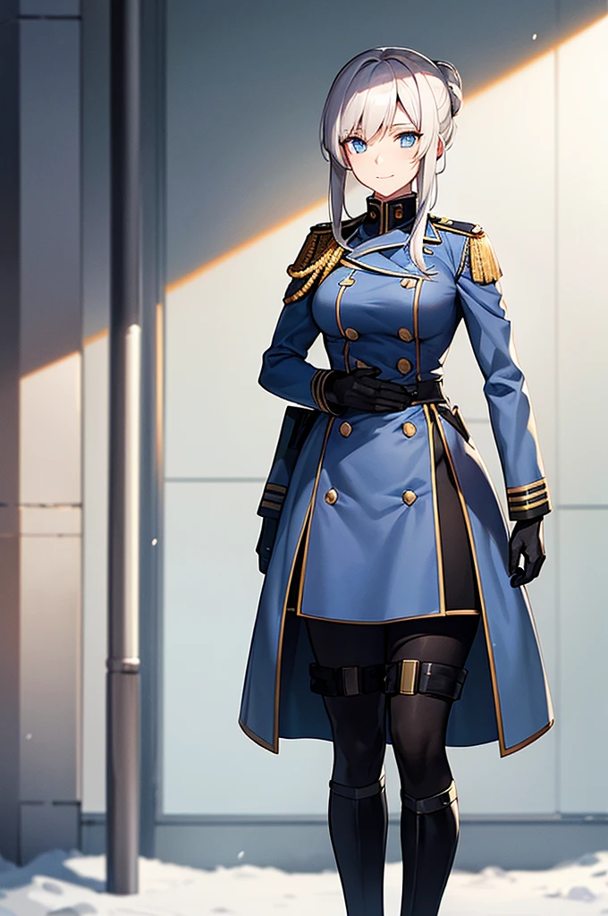 Content:
An anime woman in a military uniform. She has light blue eyes, white hair that ends halfway down her back, and knee-high military boots. She wears a confident smile, looking very mature, with her hands on her hips.

Medium:
Digital art, anime illustration.

Style:
Pixiv contest winner, fine art, with elements inspired by historical military aesthetics and anime character design.

Lighting:
Dramatic, with strong contrasts to highlight her authoritative presence and the details of her uniform. Subtle shadows to add depth and realism.

Colours:
A palette dominated by military greens, blacks, and silvers, with the light blue of her eyes and white of her hair standing out against the darker tones of her uniform.

Composition:
A full body shot with a 50mm lens. The background is a snowy scene, as if a blizzard is happening behind her. She salutes to the camera, showcasing her confidence and authority.