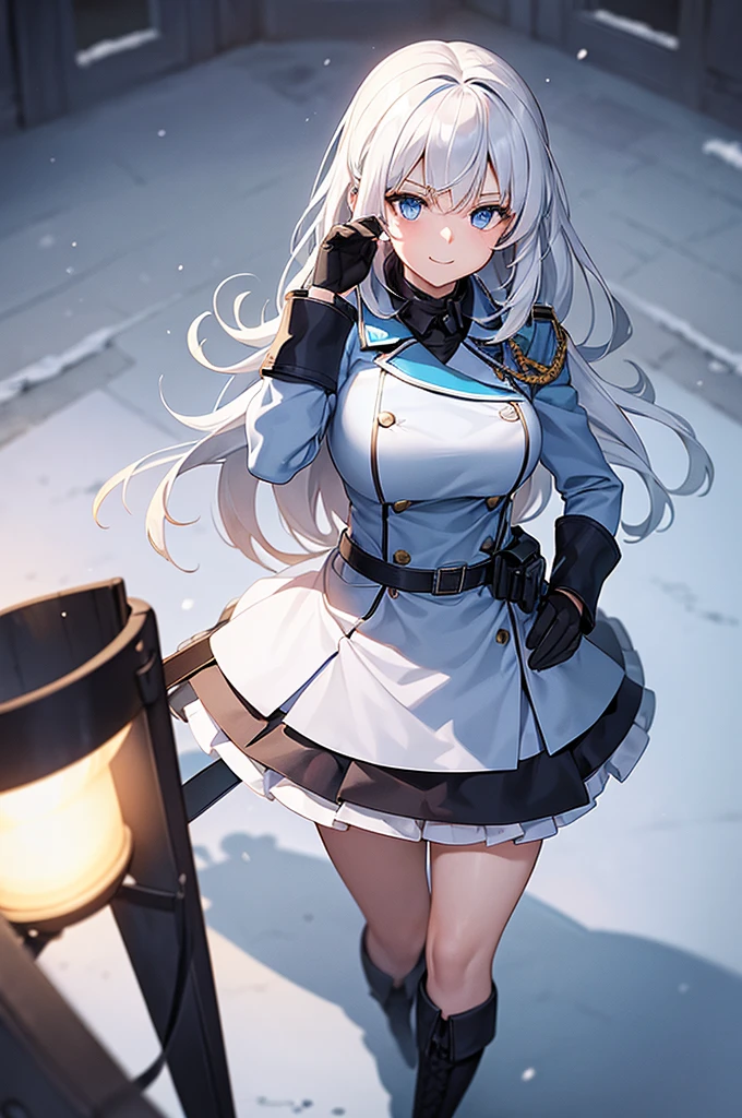 Content:
An anime woman in a military uniform. She has light blue eyes, white hair that ends halfway down her back, and knee-high military boots. She wears a confident smile, looking very mature, with her hands on her hips.

Medium:
Digital art, anime illustration.

Style:
Pixiv contest winner, fine art, with elements inspired by historical military aesthetics and anime character design.

Lighting:
Dramatic, with strong contrasts to highlight her authoritative presence and the details of her uniform. Subtle shadows to add depth and realism.

Colours:
A palette dominated by military greens, blacks, and silvers, with the light blue of her eyes and white of her hair standing out against the darker tones of her uniform.

Composition:
A full body shot with a 50mm lens. The background is a snowy scene, as if a blizzard is happening behind her. She salutes to the camera, showcasing her confidence and authority.