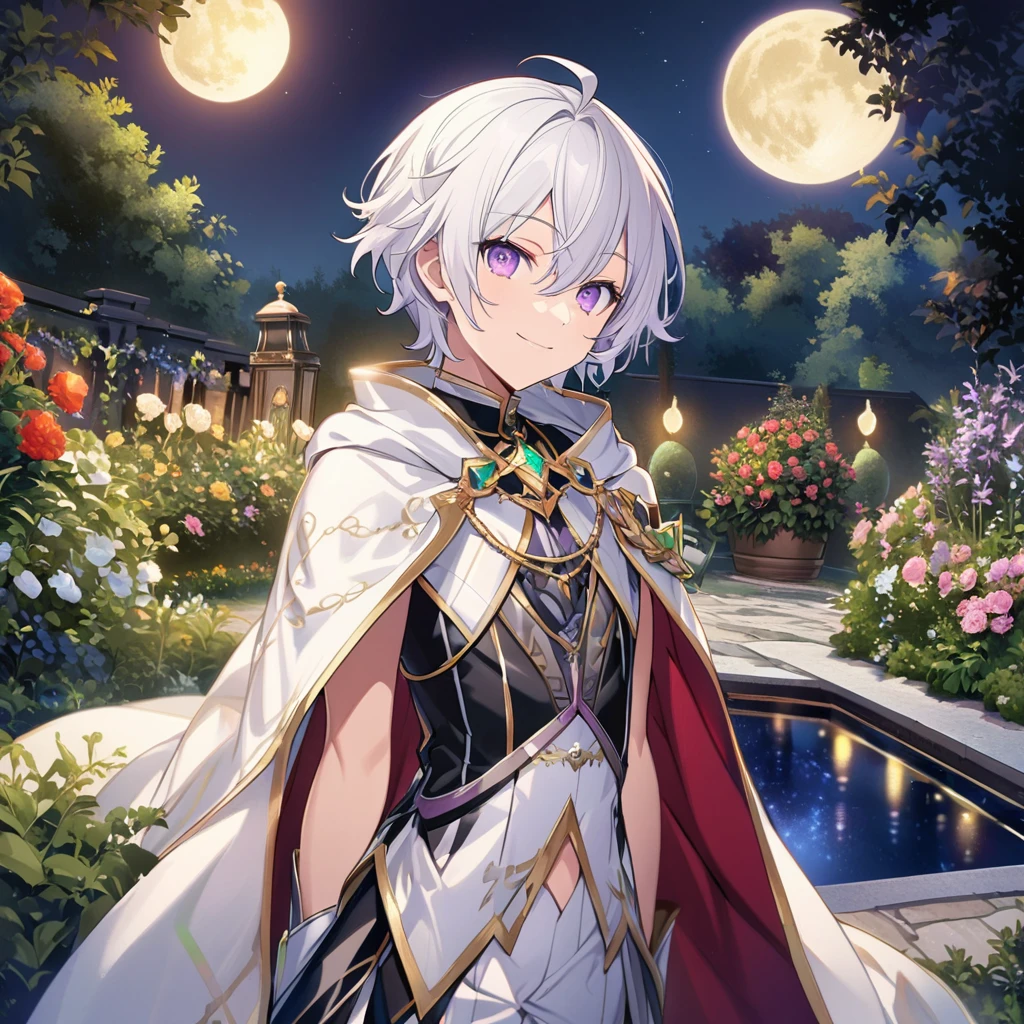 Aether \(AKB0048 Next Stage\), (short hair), (silvery white hair), (bejeweled eyes), (purple eyes):1.2, noble costume, smiling gently, cape, ((ultra-detailed)), ((illustration)), (neat hair)), (beautiful detailed eyes), (male), 1boy, ((garden, night, moon)), looking at viewer