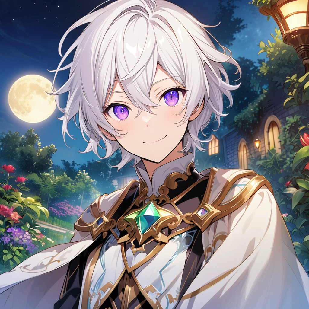 Aether \(AKB0048 Next Stage\), (short hair), (silvery white hair), (bejeweled eyes), (purple eyes):1.2, noble costume, smiling gently, cape, ((ultra-detailed)), ((illustration)), (neat hair)), (beautiful detailed eyes), (male), 1boy, ((garden, night, moon)), looking at viewer