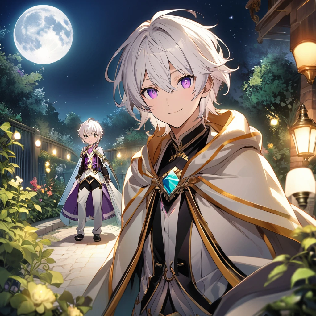Aether \(AKB0048 Next Stage\), (short hair), (silvery white hair), (bejeweled eyes), (purple eyes):1.2, noble costume, smiling gently, cape, ((ultra-detailed)), ((illustration)), (neat hair)), (beautiful detailed eyes), (male), 1boy, ((garden, night, moon)), looking at viewer