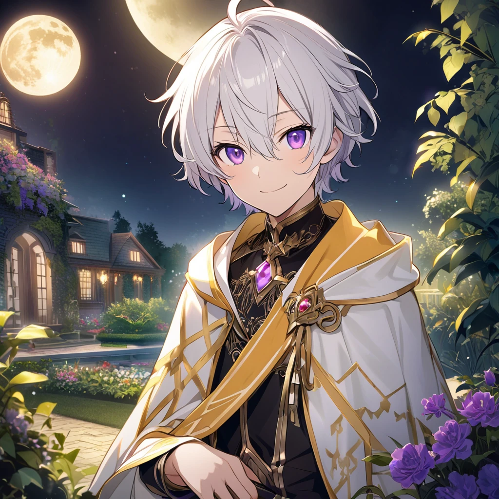 Aether \(AKB0048 Next Stage\), (short hair), (silvery white hair), (bejeweled eyes), (purple eyes):1.2, noble costume, smiling gently, cape, ((ultra-detailed)), ((illustration)), (neat hair)), (beautiful detailed eyes), (male), 1boy, ((garden, night, moon)), looking at viewer