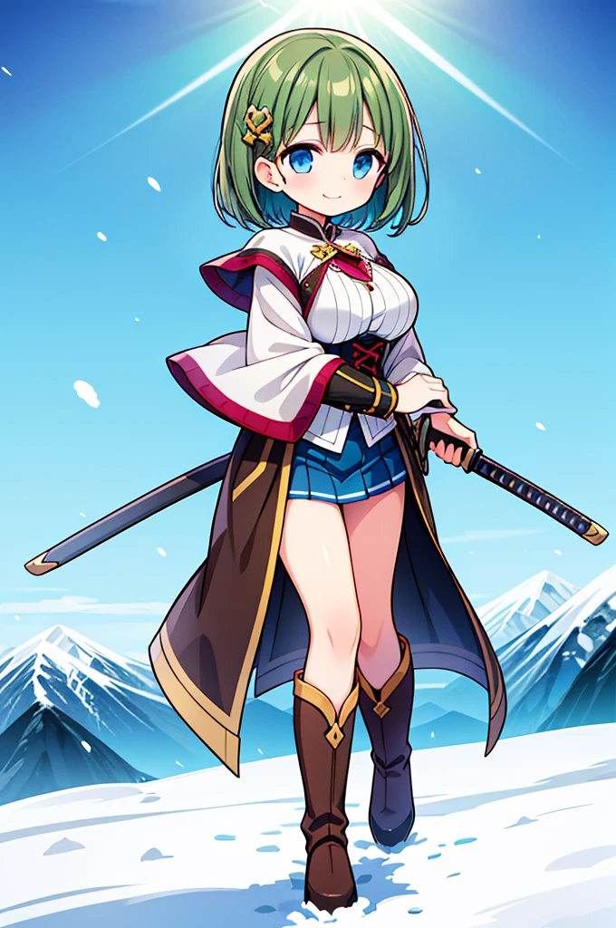 Fantasy,((Masterpiece)),((high resolution)),((Best Quality)),Anime illustration,((1girl)),(ウェーブがかったshort hair),(short hair),(Dark green hair),Braid,Large round light blue eyes,Droopy eyes,,baby face anasts,(very big breasts),(child),Short stature,veless white blouse,Blue mini skirt,slit,Brown corset,brown capelet,smile,Golden hair ornament,Brown long boots,blue sky,Snow Mountain,Full body image,battoujutsu,