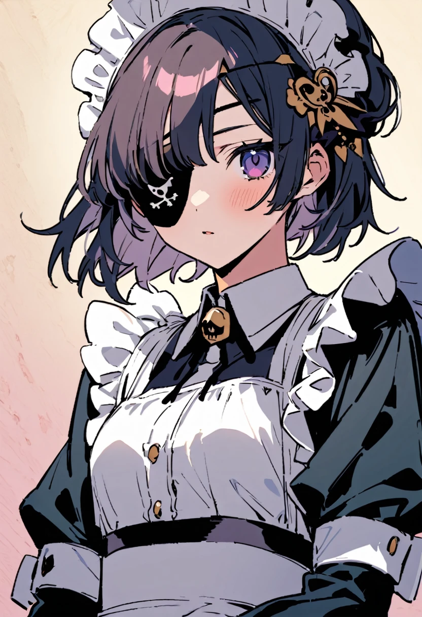 masterpiece, Highest quality, Illustration of the novel, High resolution, 18+ Adult content, Sensual, Intimate, Emotional, Passionate, romantic, sweet, Adorable, Innocent, Pure, Charmな, Charmな, Charm, mysterious, Charmな, Charmな, Immersive, Charmな, dream-like, Surreal, Imaginative, Whimsical, Artistic, Avant-garde, timeless, elegant, Sophisticated, chic, Sophisticated, personality, original, Charmな,((Maid clothes:1.3)),((Loli Pirate:1.3)),((Eye patch:1.3))、((Upper Body:1.3))