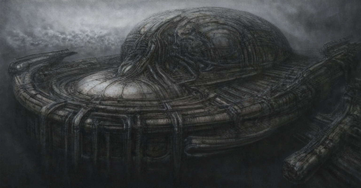 Create biomechanical tableau with some of the artistic techniques and compositional features used in /&quot;Necron IV/” by h r (Hans Rudie) giger:
 The image depicts a complex, sprawling city made of dark ivory, metal and wires. The city is densely packed with loops and twists, resembling a massive, intricate machine.
The painting is composed around a central focus of bone-like celestial formations and tectonic weathering structures with a phallic spine. This central form is the most detailed and brightly lit part of the painting, and it draws the viewer's eye in.The central focus is emphasized by the use of light and shadow. The light source is coming from the top left of the painting, and it casts a bright spotlight on the scene.
Biomorphic forms: The biomechanical forms in the painting are inspired by biological organisms, but they are also machine-like. These forms create a sense of unease and discomfort, as they blur the line between the natural and the artificial
. The image is highly detailed and intricate, uses, with transparent organs and bones exposed). The piece has a thick mechano-organic texture and is covered in fine details. The image has a swirling, organic quality to it. The artistic manner would be unmistakably Gigeresque. A dark and unsettling beauty would permeate the piece, blurring the lines between fascination and repulsion , forever haunted by the grotesque allure. Giger's signature artistic manner would be evident in every stroke. The airbrush would be wielded with masterful precision to create a hyperrealistic yet nightmarish aesthetic.,hrgiger,H.G. Giger Style, Biomechanics,HRGigerArhP style