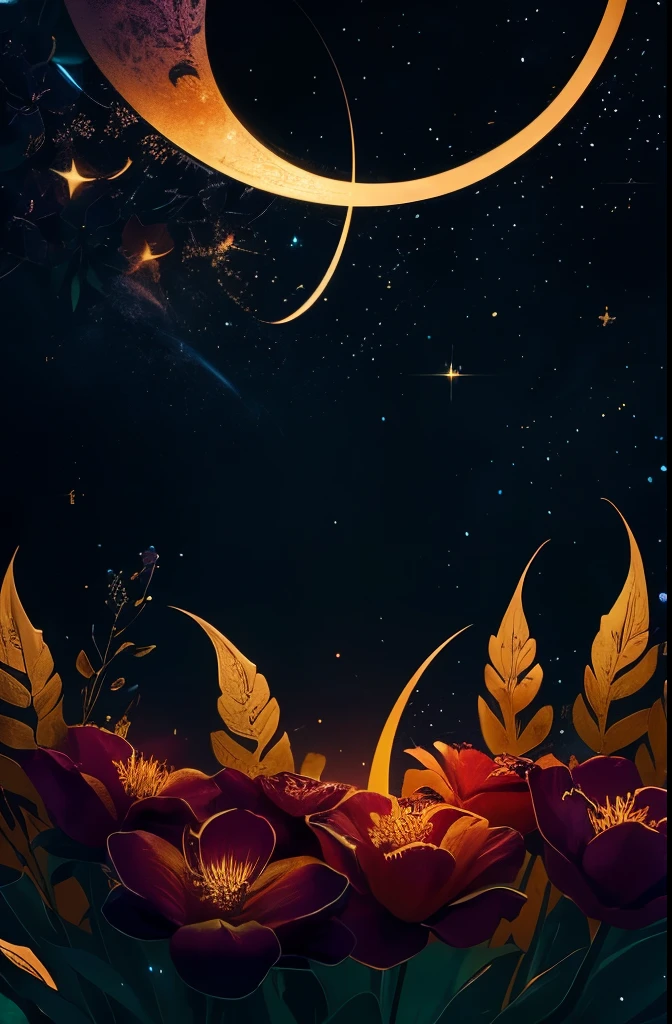 a bouquet of flowers with a crescent and stars on a black background, glowing flowers, 🌺 cgsociety, flowers and gold, floral sunset, night sky full of flowers, magical flowers, floral growth, celestial red flowers vibe, floral!, jen bartel, floral environment, nature and floral aesthetics, floral! intricate, gilded. floral, luminous flowers, #pixelart, # pixelart