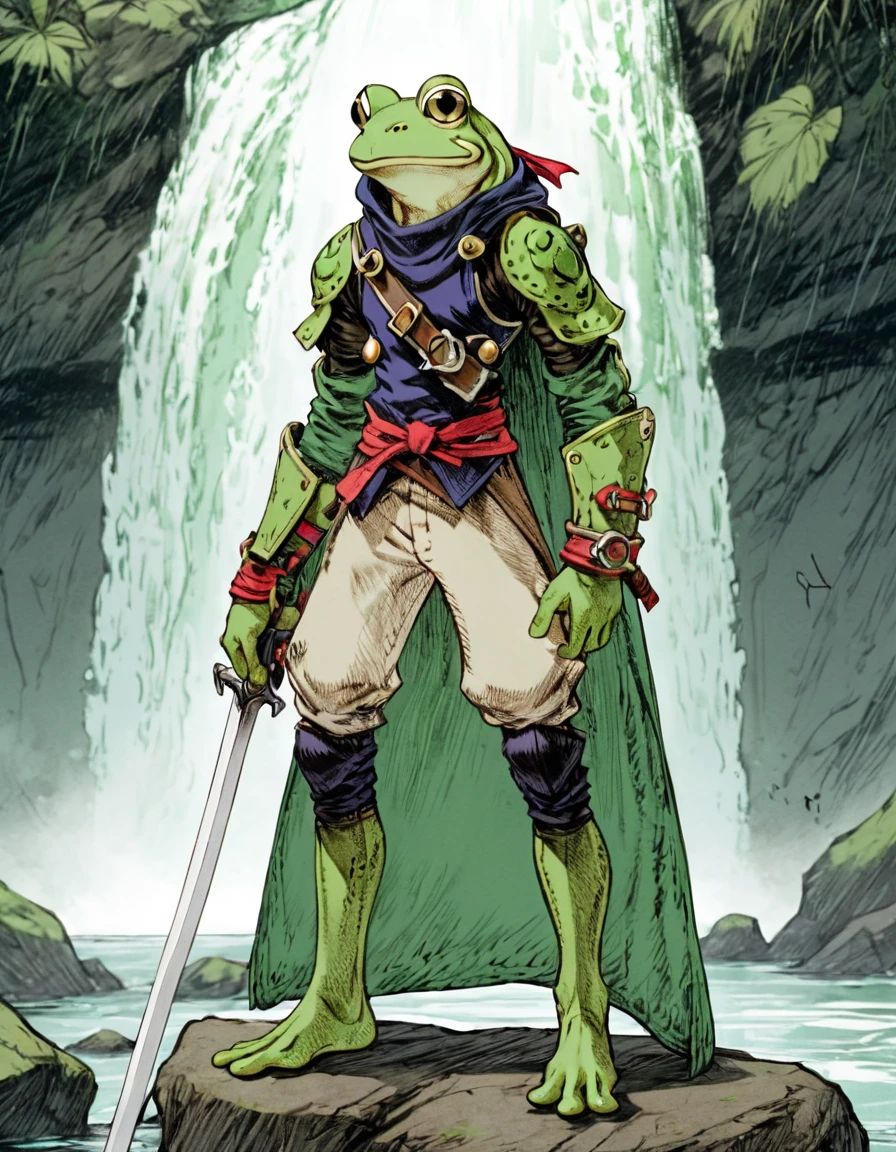 (sketch art, concept art:1.4),(masterpiece rough sketch drawing), best quality, solo closeup, standing frog warrior, green skin, green eyes, medieval sailor outfit, sword (Akihiko Yoshida Style), high contrast, space theme, grunge, punk rock, waterfall 