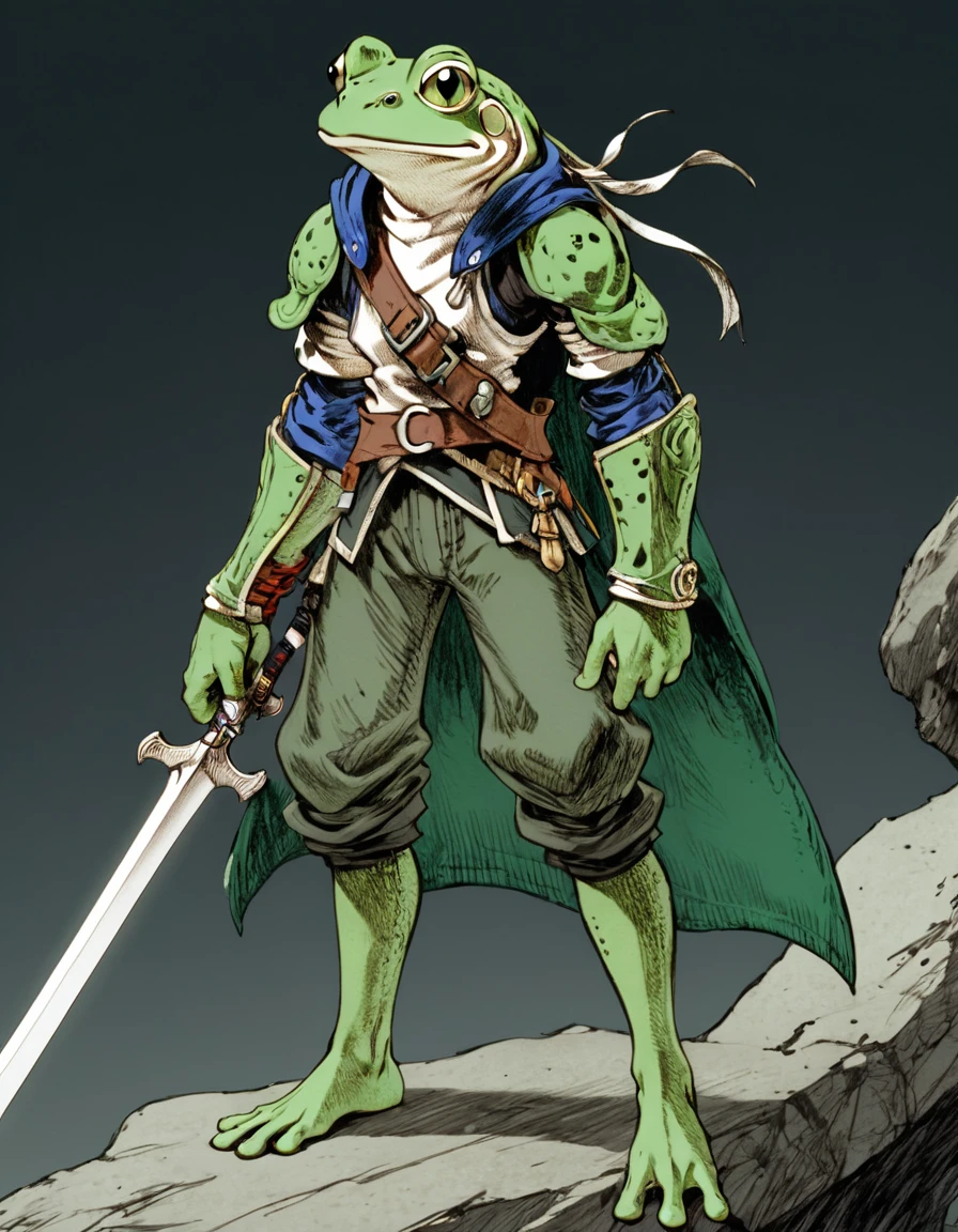(sketch art, concept art:1.4),(masterpiece rough sketch drawing), best quality, solo closeup, standing frog warrior, green skin, green eyes, medieval sailor outfit, sword (Akihiko Yoshida Style), high contrast, space theme, grunge, punk rock, waterfall