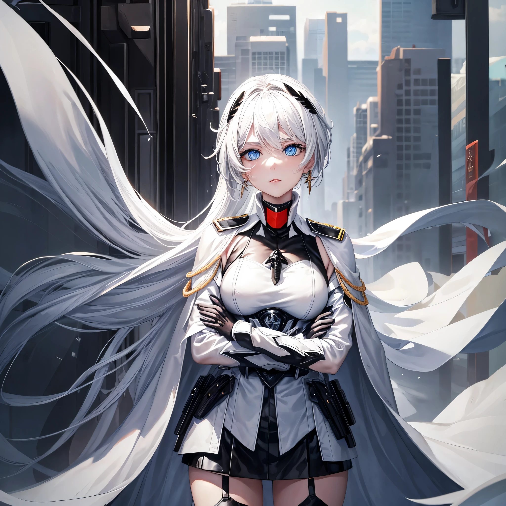 White hair, blue eyes, beautiful female, black military uniform, white leather clothing, white cape, black leather clothing, black gloves, crossed arms
