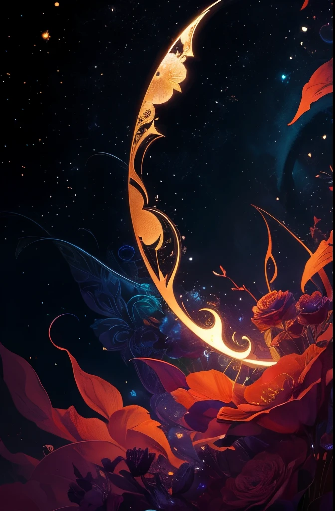 a bouquet of flowers with a crescent and stars on a black background, a digital painting by Android Jones, Artstation, pixel art, glowing flowers, ๐บ cgsociety, flowers and gold, floral sunset, night sky full of flowers, magical flowers, floral growth, celestial red flowers vibe, floral!, jen bartel, floral environment, nature and floral aesthetics