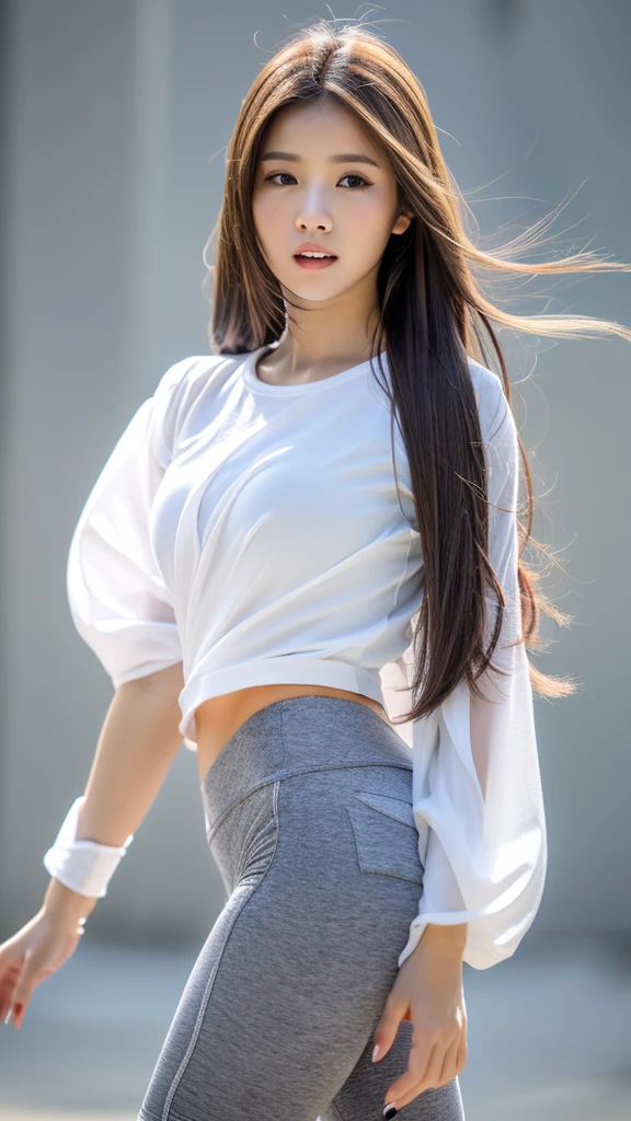 (detailed face),((??????)),normal breasts,pretty,sleeve white clothes,4k ,super high resolution ,(photo-realistic: 1.7),gray background,long hair,