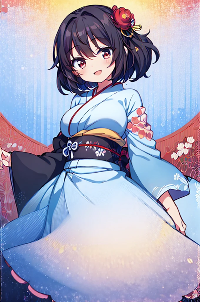 ((Masterpiece)),((high resolution)),((Best Quality)),Anime illustration,((1girl)),,(Black Hair),short hair,Short ponytail,Large, round scarlet eyes,Droopy eyes,smile,15 years old,(Young),baby face and big breasts,large breasts,(low length),(Short),Ladylike,Elegant,blue sky,kimonos,White and red clothes,
