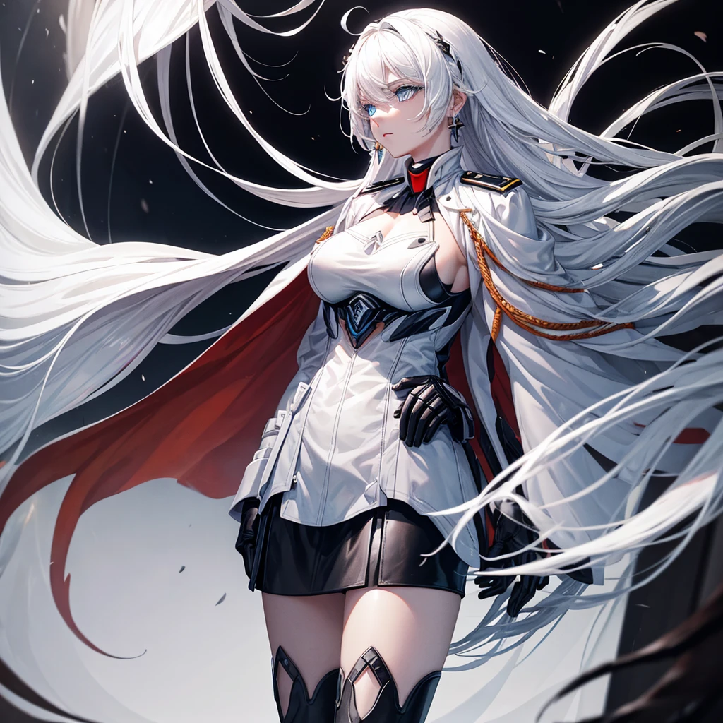 White hair, blue eyes, beautiful female, black military uniform, white leather clothing, white cape, black leather clothing, black gloves, crossed arms