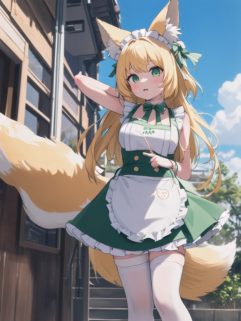 Highest quality, masterpiece,1 Girl,Blonde Hair, Big fox ears,Big fox tail, Green Eyes,Green maid apron,White ruffle skirt,