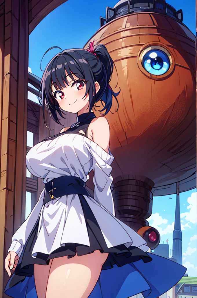 ((Masterpiece)),((high resolution)),((Best Quality)),Anime illustration,((1girl)),,(Black Hair),short hair,Short ponytail,Large, round scarlet eyes,Droopy eyes,smile,,(Young),baby face and big breasts,large breasts,(low length),(Short),white shoulder sweater,Slit Skirt,Long skirt,Ladylike,Elegant,blue sky,