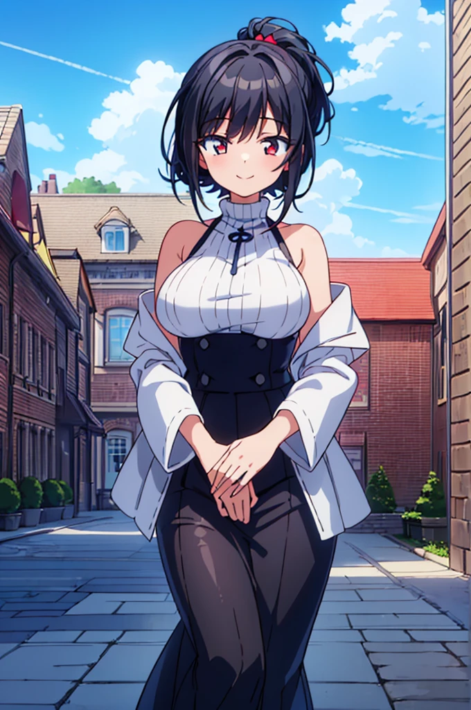 ((Masterpiece)),((high resolution)),((Best Quality)),Anime illustration,((1girl)),,(Black Hair),short hair,Short ponytail,Large, round scarlet eyes,Droopy eyes,smile,15 years old,(Young),baby face and big breasts,large breasts,(low length),(Short),white shoulder sweater,Slit Skirt,Long skirt,Ladylike,Elegant,blue sky,