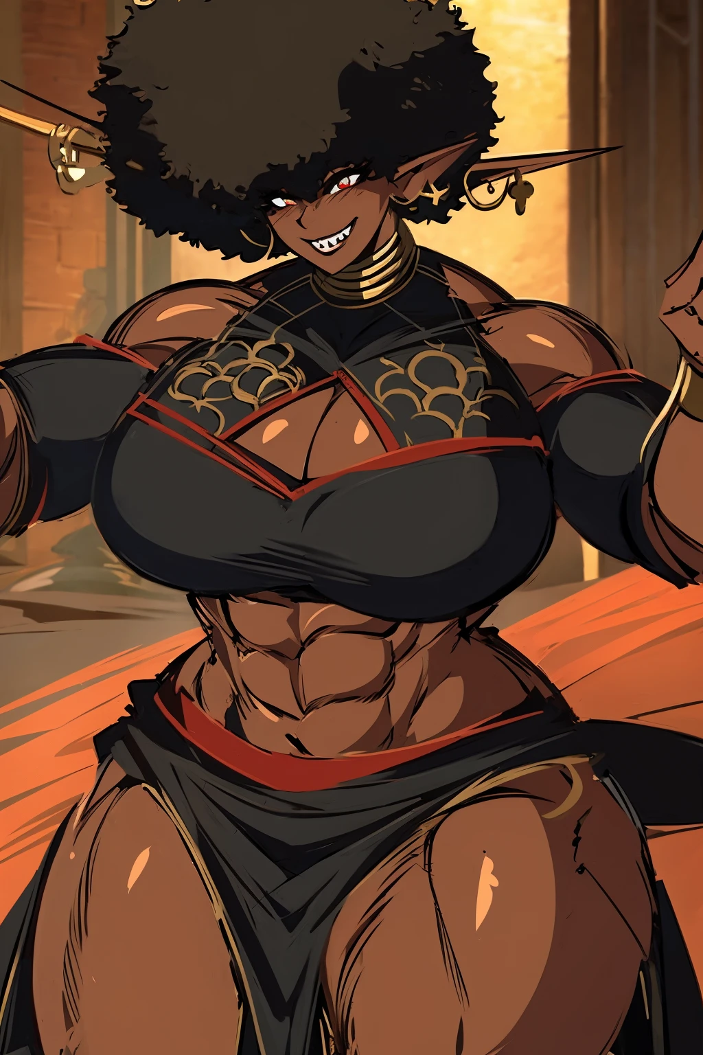 (masterpiece, best quality:1.2),1 girl, voluptuous body, full body, masterpiece, dominant pose, good anatomy, no extra limbs, big ass, thick thighs, black hair, voluminous afro, pointy ears, gold earrings, black top with red details, black skirt with red details, gold necklaces wide hips muscular female