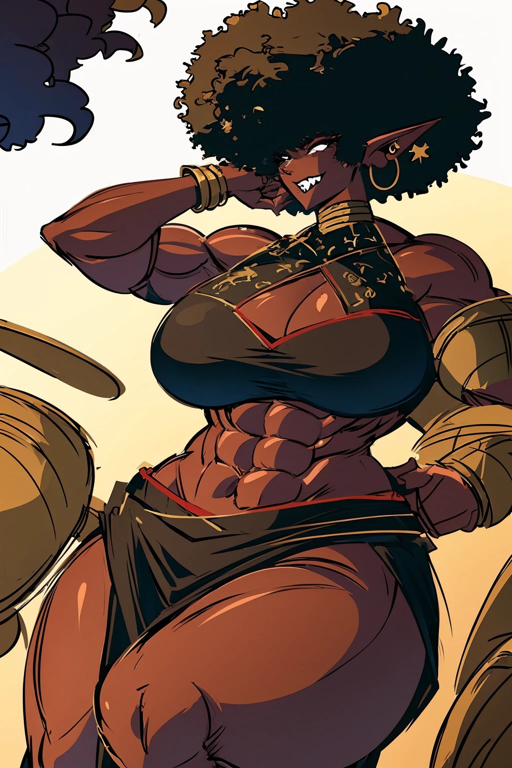 (masterpiece, best quality:1.2),1 girl, voluptuous body, full body, masterpiece, dominant pose, good anatomy, no extra limbs, big ass, thick thighs, black hair, voluminous afro, pointy ears, gold earrings, black top with red details, black skirt with red details, gold necklaces wide hips muscular female