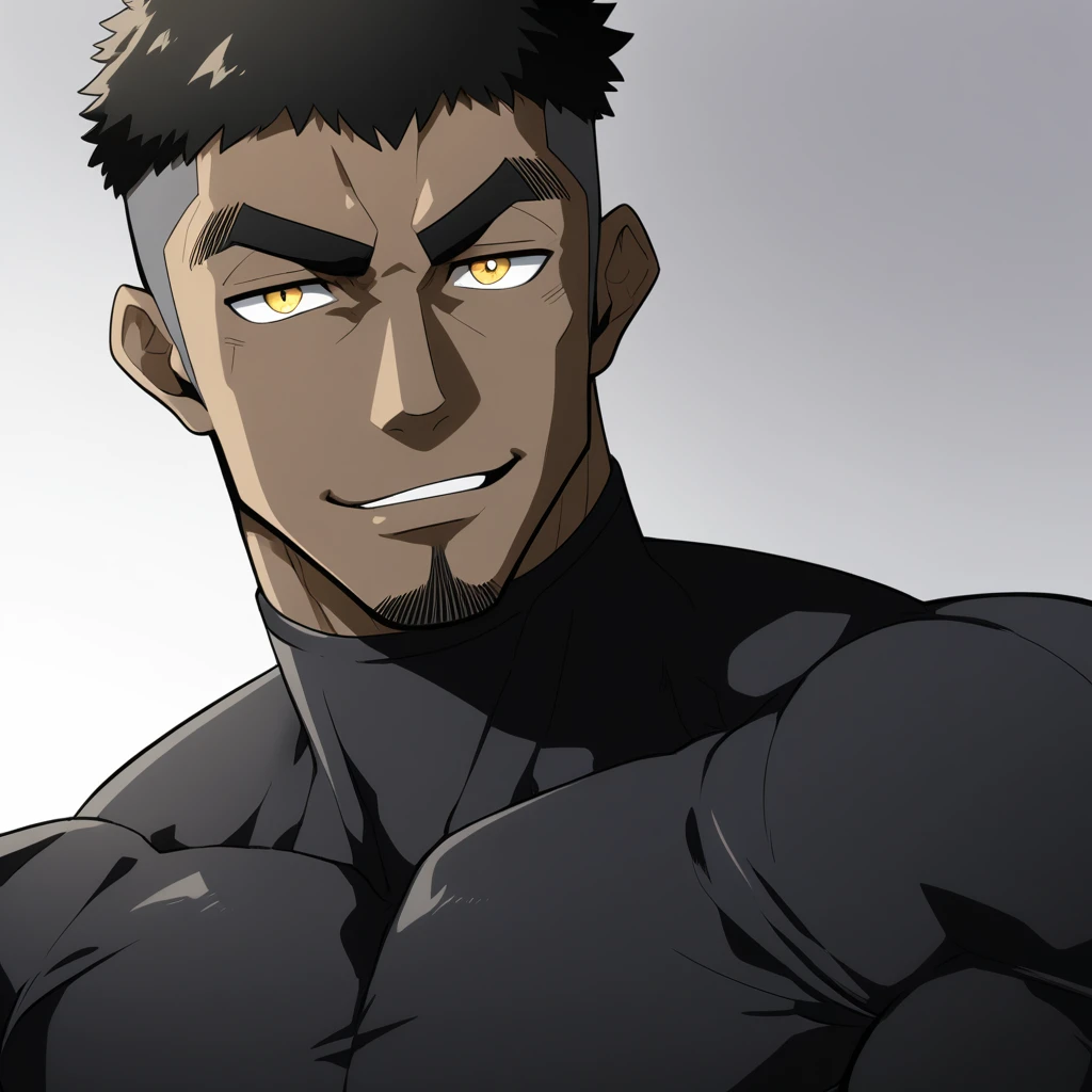 one negro, anime characters：Gyee, Hibino Kafka, One Muscle Sports Student, negro black skin, Very Black, muscular tough guy, Manliness, male focus, Grey long sleeve turtleneck tight t-shirt, Regular symmetrical pattern, Very tight, muscular male, muscular, only, Upper body, alone, Black short hair, Thick eyebrows, stubble, Yellow eyes, White background, simple background, amazing quality, best aesthetics, Ridiculous, bright pupils, crew cut, parted lips, seductive smile, torogao, naughty face, best quality