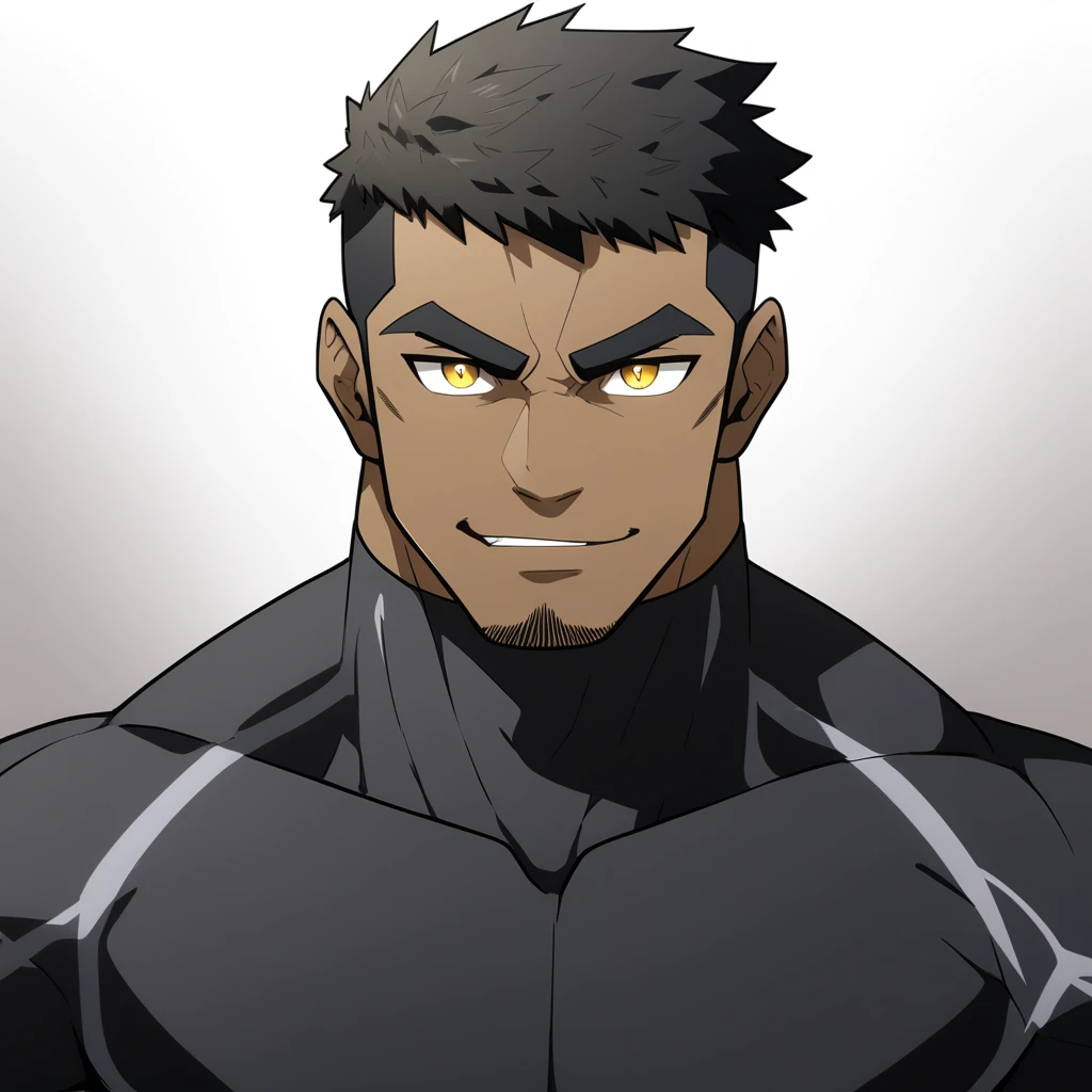 one negro, anime characters:Gyee, Hibino Kafka, One Muscle Sports Student, negro black skin, Very Black, muscular tough guy, Manliness, male focus, Grey long sleeve turtleneck tight t-shirt, Regular symmetrical pattern, Very tight, muscular male, muscular, only, Upper body, alone, Black short hair, Thick eyebrows, stubble, Yellow eyes, White background, simple background, amazing quality, best aesthetics, Ridiculous, bright pupils, crew cut, parted lips, seductive smile, torogao, naughty face, best quality