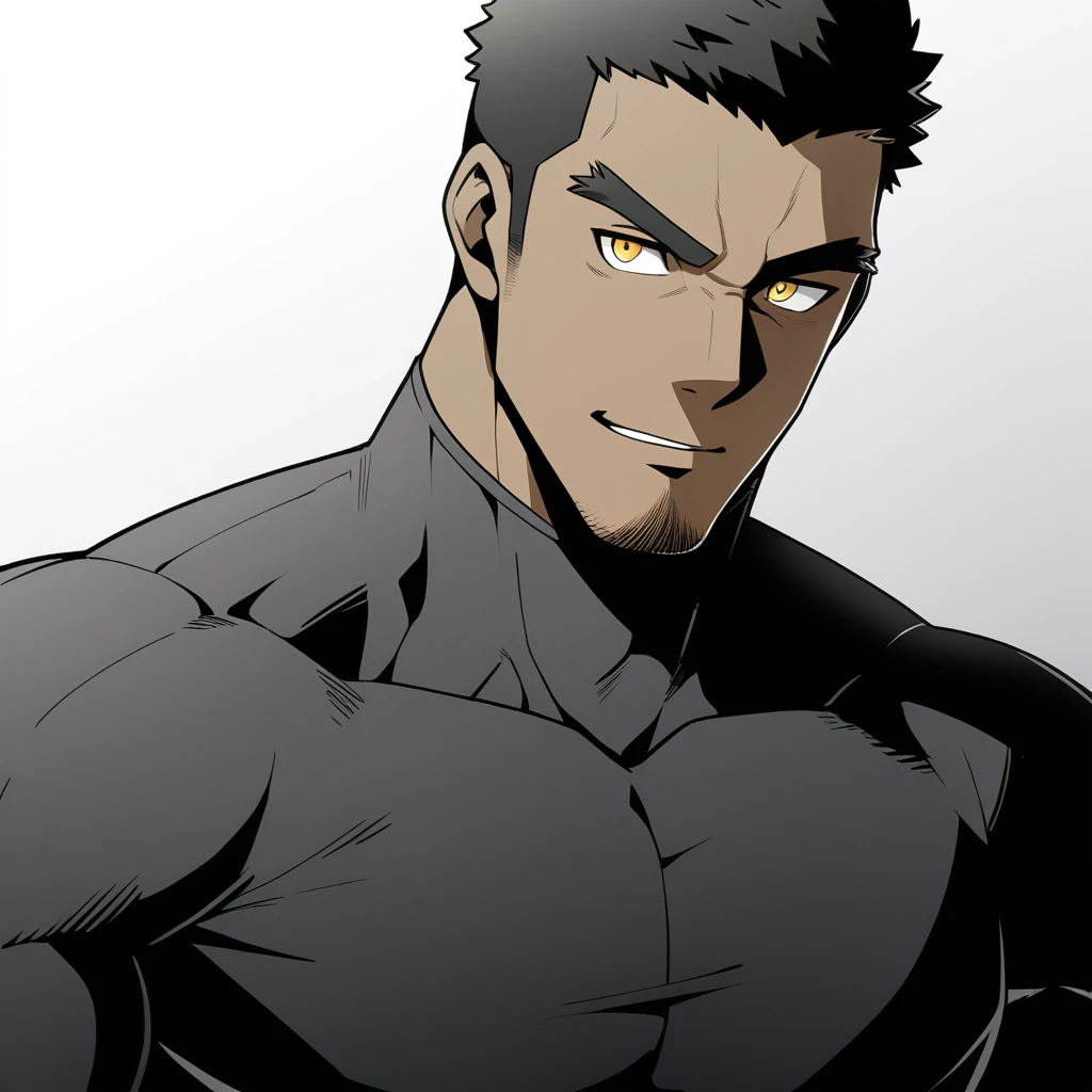 one negro, anime characters:Gyee, Hibino Kafka, One Muscle Sports Student, negro black skin, Very Black, muscular tough guy, Manliness, male focus, Grey long sleeve turtleneck tight t-shirt, Regular symmetrical pattern, Very tight, muscular male, muscular, only, Upper body, alone, Black short hair, Thick eyebrows, stubble, Yellow eyes, White background, simple background, amazing quality, best aesthetics, Ridiculous, bright pupils, crew cut, parted lips, seductive smile, torogao, naughty face, best quality