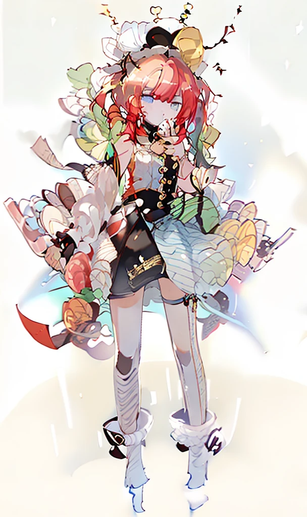 A girl，whole body，Standing picture，Character Design，Red Hair，apple，Complex headdress，Complex clothes，Long hair，Double tail