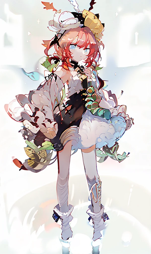 A girl，whole body，Standing picture，Character Design，Red Hair，apple，Complex headdress，Complex clothes，Long hair，Double tail