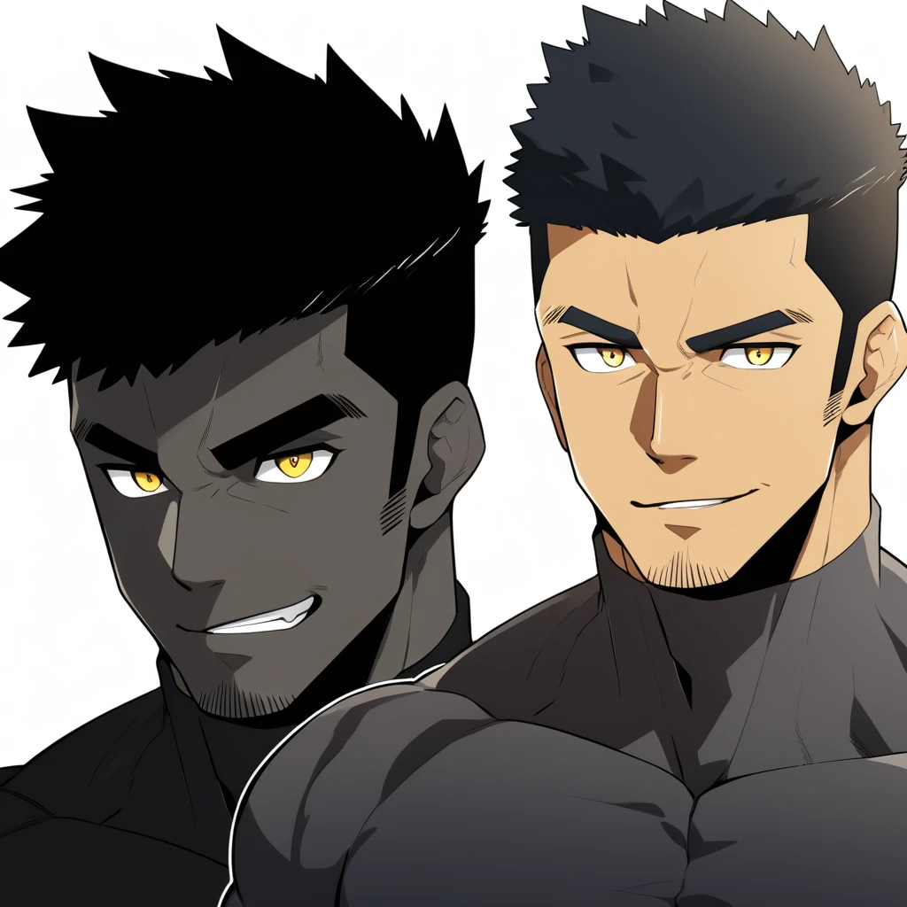 one negro, anime characters:Gyee, Hibino Kafka, One Muscle Sports Student, negro black skin, Very Black, muscular tough guy, Manliness, male focus, Grey long sleeve turtleneck tight t-shirt, Regular symmetrical pattern, Very tight, muscular male, muscular, only, Upper body, alone, Black short hair, Thick eyebrows, stubble, Yellow eyes, White background, simple background, amazing quality, best aesthetics, Ridiculous, bright pupils, crew cut, parted lips, seductive smile, torogao, naughty face, best quality