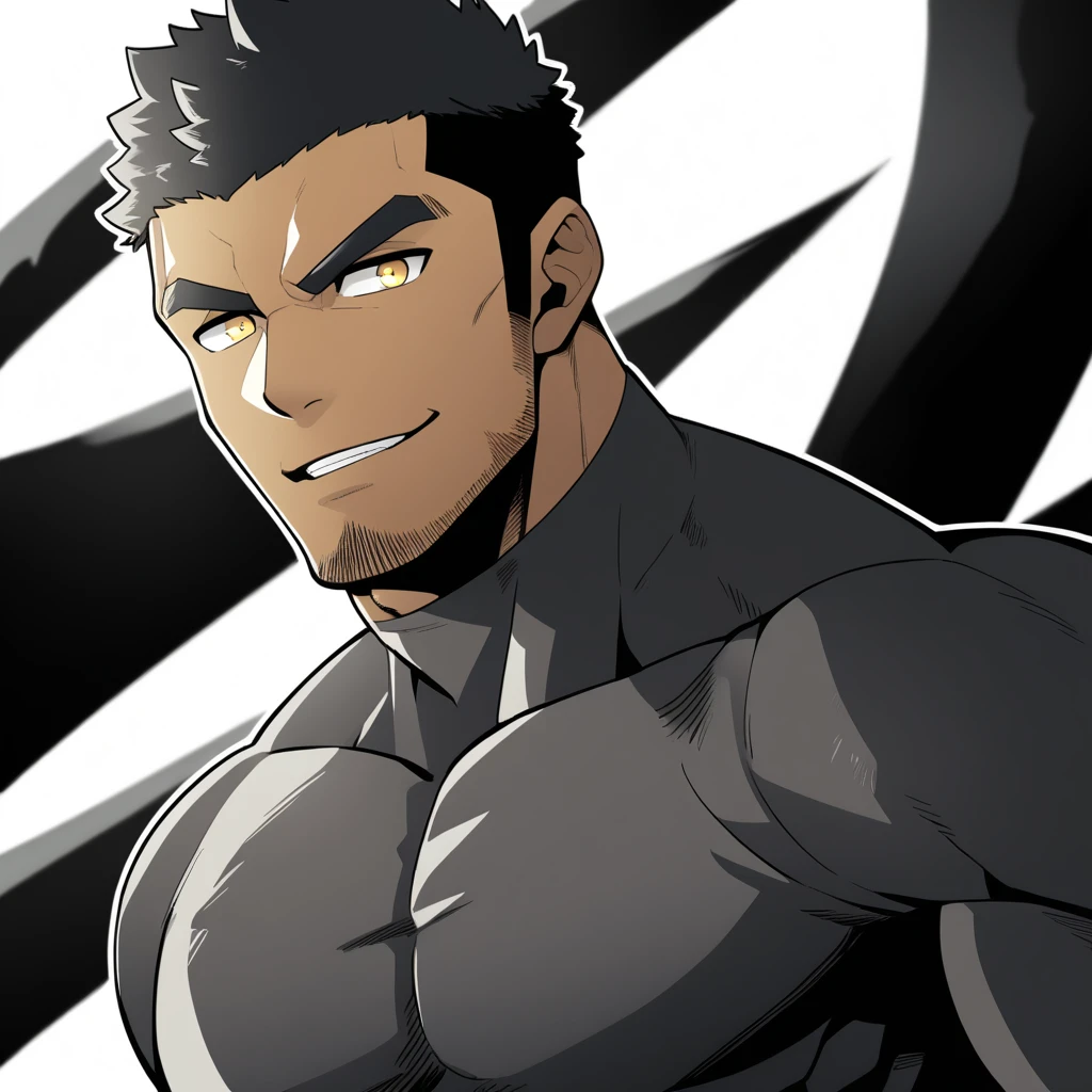 one negro, anime characters：Gyee, Hibino Kafka, One Muscle Sports Student, negro black skin, Very Black, muscular tough guy, Manliness, male focus, Grey long sleeve turtleneck tight t-shirt, Regular symmetrical pattern, Very tight, muscular male, muscular, only, Upper body, alone, Black short hair, Thick eyebrows, stubble, Yellow eyes, White background, simple background, amazing quality, best aesthetics, Ridiculous, bright pupils, crew cut, parted lips, seductive smile, torogao, naughty face, best quality