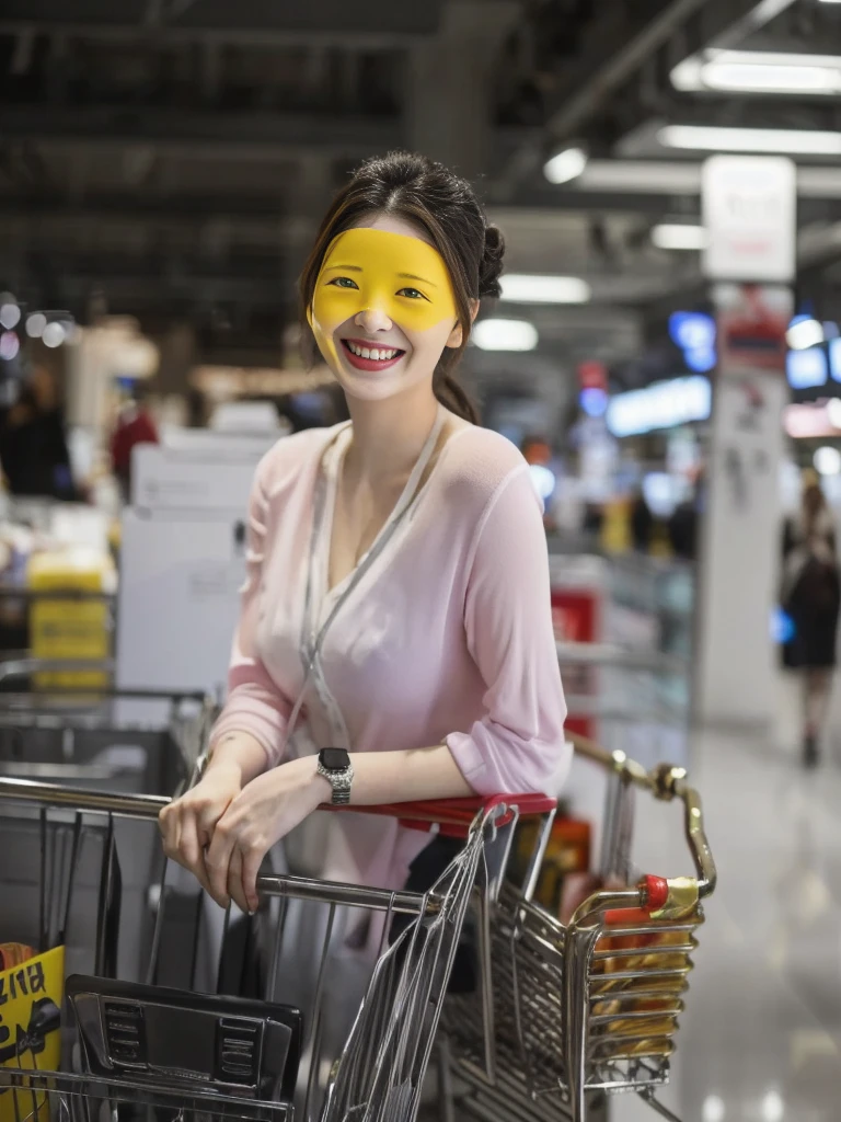 The Araffe woman had a fake smile. on the face standing next to a shopping cart,Wear a single strap for a sexy look., thick, Mall parking building, Female model, 2 4 , She has a cute face., ปรากฏตัวin the department store, Better known as Amaranth., She is smiling, Crazy smile, Trending at cgstation, at the department store, in the department store