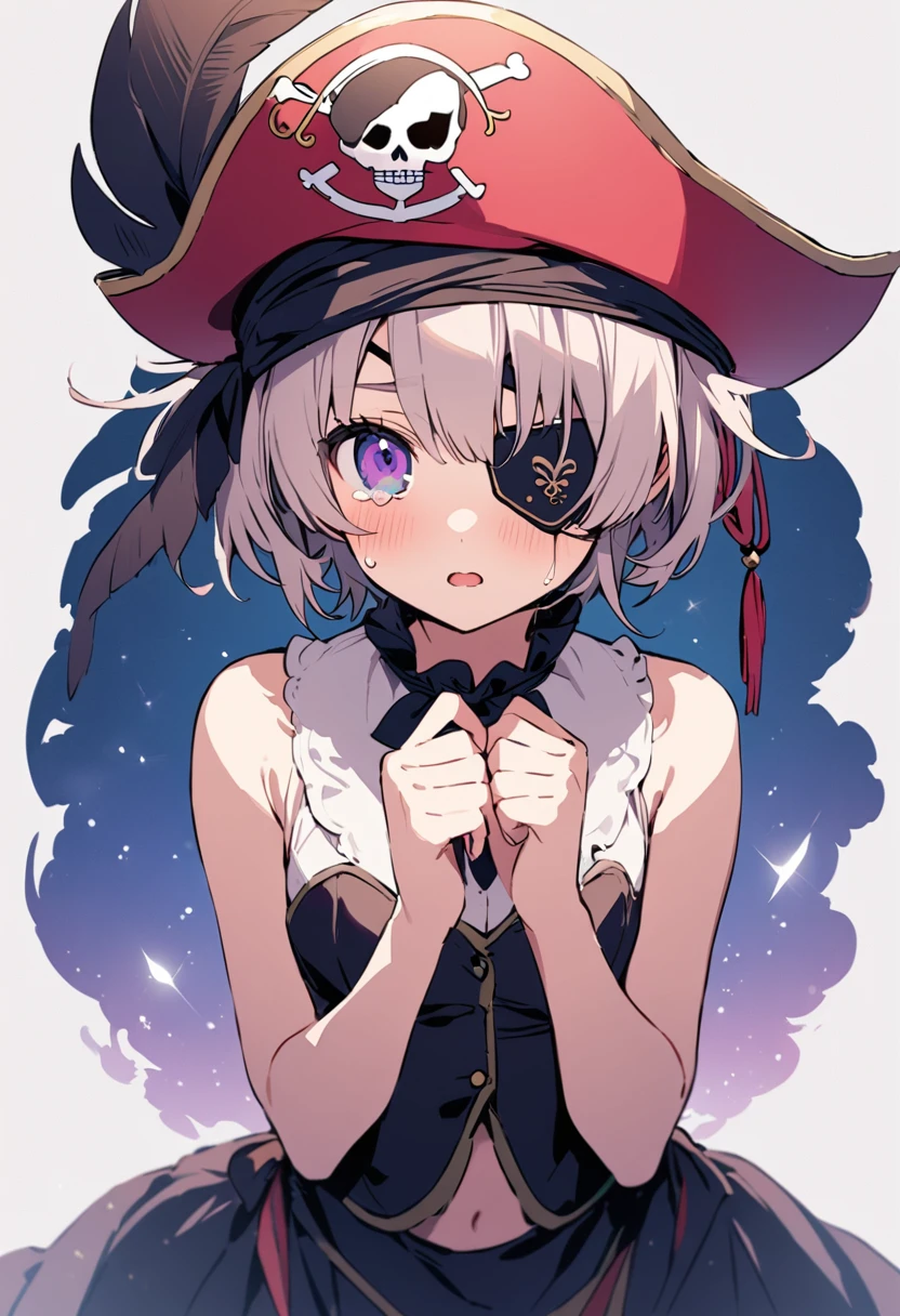 masterpiece, Highest quality, Illustration of the novel, High resolution, 18+ Adult content, Sensual, Intimate, Emotional, Passionate, romantic, sweet, Adorable, Innocent, Pure, charmな, charmな, charm, mysterious, charmな, charmな, Immersive, charmな, dream-like, Surreal, Imaginative, Whimsical, Artistic, Avant-garde, timeless, elegant, Sophisticated, chic, Sophisticated, Personality, original, charmな,((upon:1.3)),((Beautiful Tears))、Upper Body、(a bit),((Loli Pirate:1.3)),((Eye patch:1.3))、
