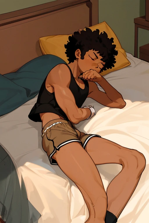 ((masterpiece, best quality)), ((31 year old)), (((Curvy))), (( Black woman with big black afro)), in white tanktop, ((white cotton panties)), ((Lying in bed at night)), (((Western cartoon style)))
