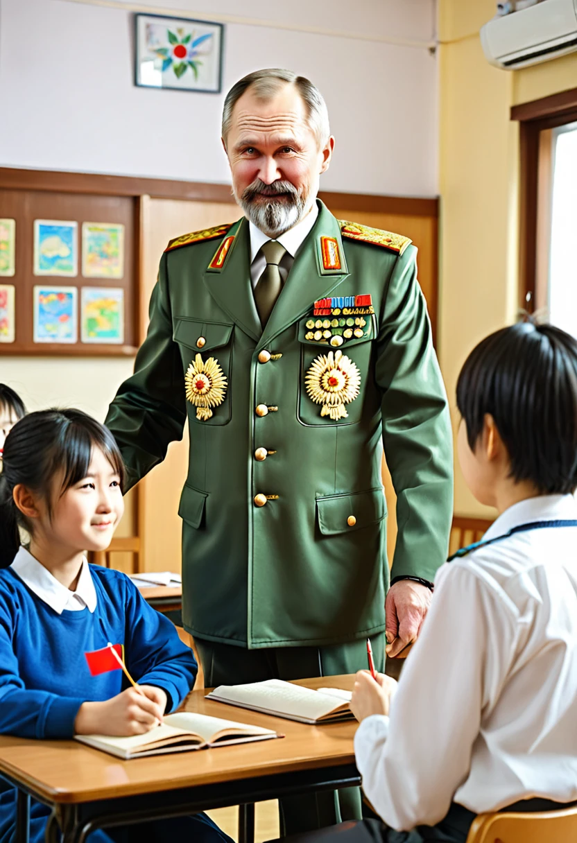A kind-looking Russian teacher in his 50s wearing a Russian military uniform teaching Russian to Japanese students