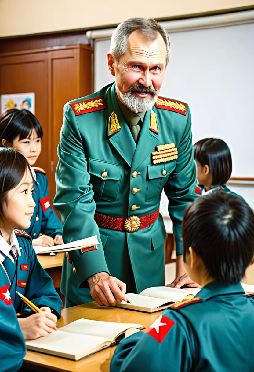 A kind-looking Russian teacher in his 50s wearing a Russian military uniform teaching Russian to Japanese students