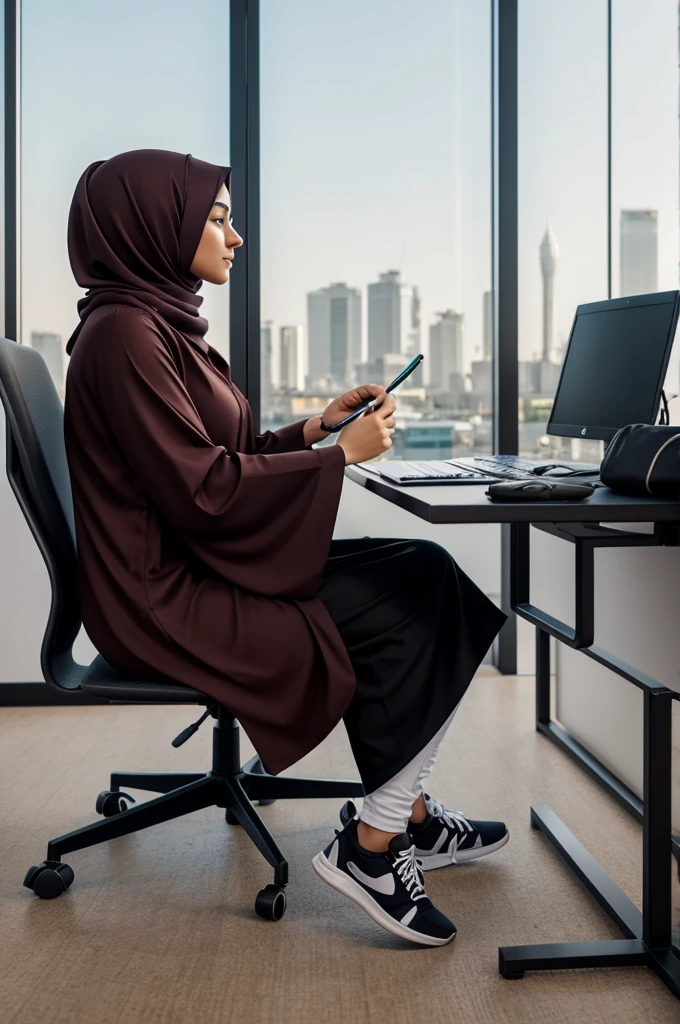 Create a 3D illustration featuring a realistic 24-year-old beautiful young girl wear hijab busy to writing a coding on a chair in front of a 3d logo of WhatsApp.' The character should have jubah and burqa, with Sneakers shoes, The background of the image should showcase a social media profile page and the username "Mira" and a matching profile picture and modify it Music