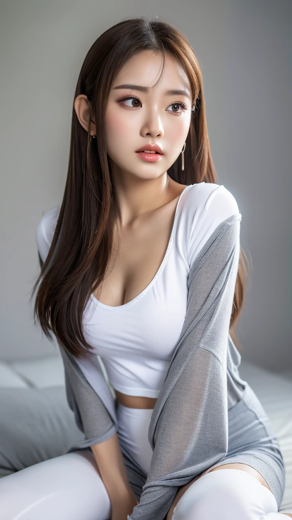 (detailed face),((crotch)),normal breasts,pretty,sleeve white clothes,4k ,super high resolution ,(photo-realistic: 1.7),gray background,long hair,