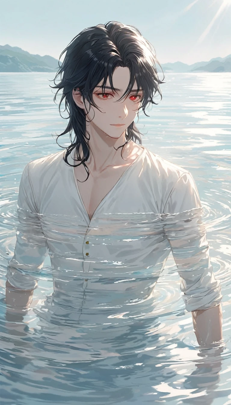 Anime-style male character in water, (long black hair:1.2), (gentle expression:1.1), red eyes, white noble outfit, (rippling water effect around body:1.3), sunlight reflecting on water, clear sky, subtle water splashes, high-resolution digital art, soft color palette, tranquil atmosphere, (serene ocean background:1.1), realistic water texture