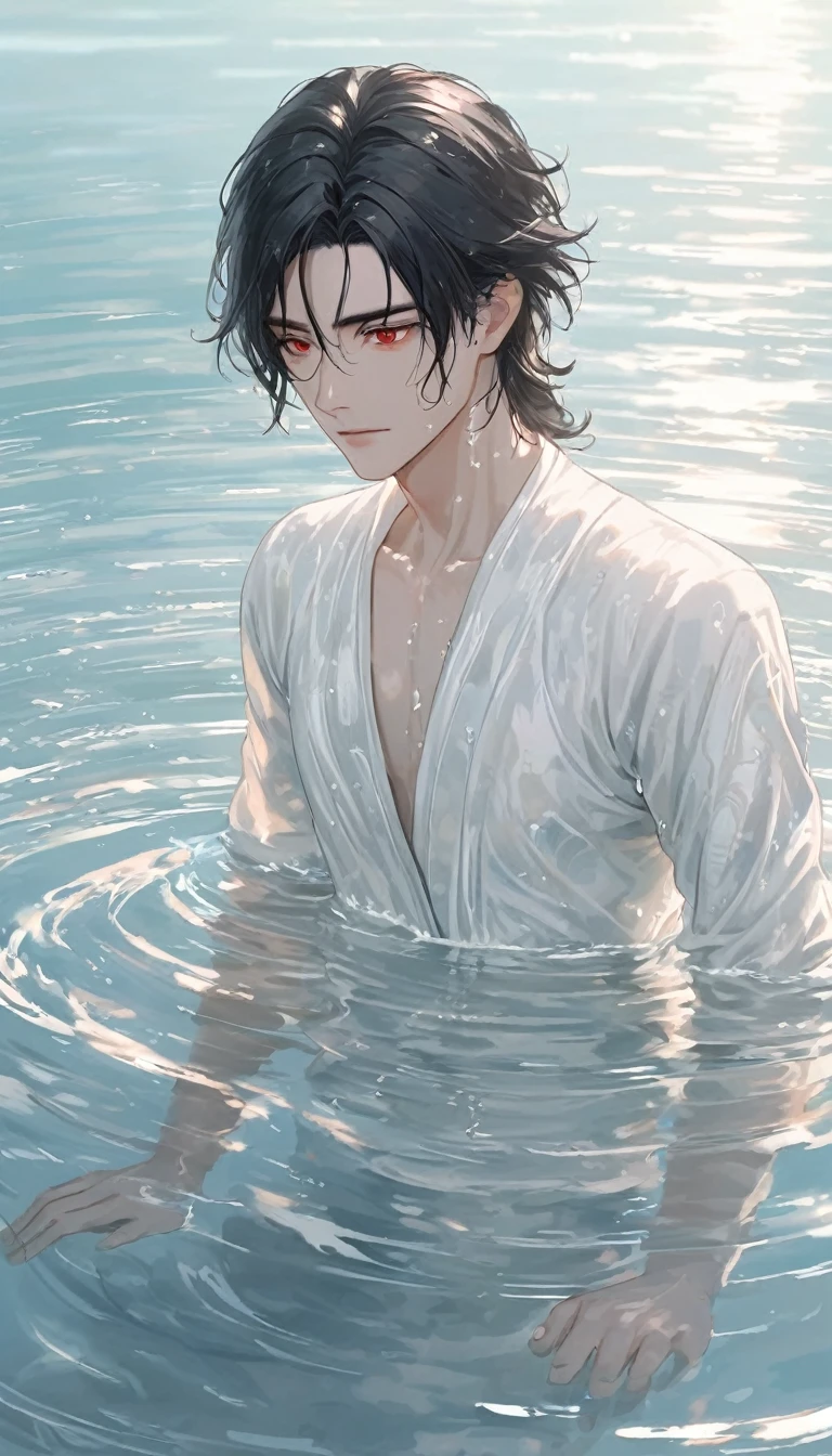 Anime-style male character in water, (long black hair:1.2), (gentle expression:1.1), red eyes, white noble outfit, (rippling water effect around body:1.3), sunlight reflecting on water, clear sky, subtle water splashes, high-resolution digital art, soft color palette, tranquil atmosphere, (serene ocean background:1.1), realistic water texture