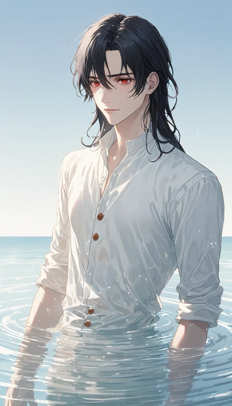 Anime-style male character in water, (long black hair:1.2), (gentle expression:1.1), red eyes, white noble outfit, (rippling water effect around body:1.3), sunlight reflecting on water, clear sky, subtle water splashes, high-resolution digital art, soft color palette, tranquil atmosphere, (serene ocean background:1.1), realistic water texture