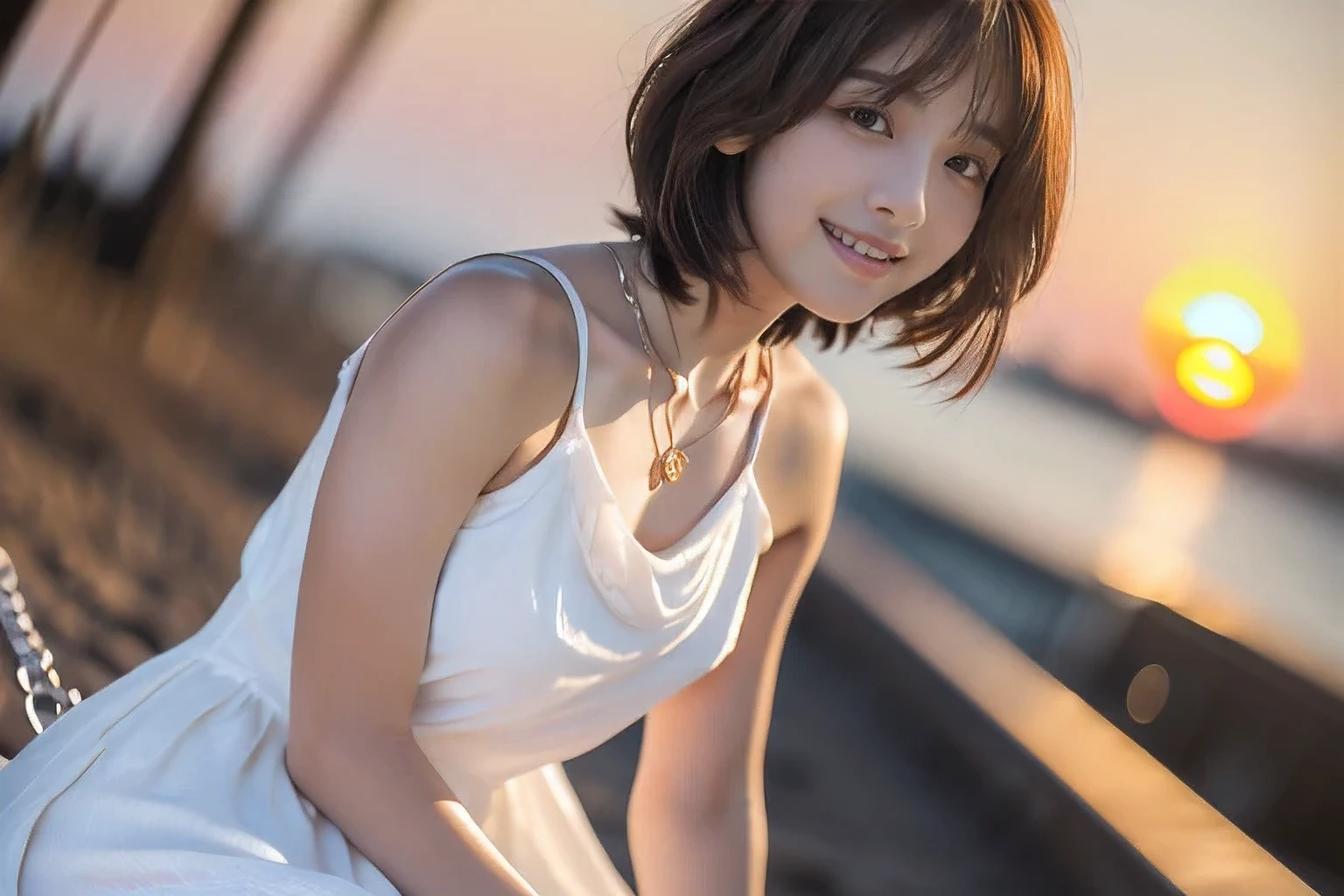 (A side view of her:1.5)、(Beautiful sunset、Sitting on the beach with my knees hugged、An 18-year-old woman looking at the sea:1.5)、(Gentle smile:1.2)、(The best quality at its best:1.4), (Super detailed), (Very detailed CG unified 16k), Beautiful woman with perfect figure: 1.4, Sharp focus: 1.2, Very detailed, High-quality RAW color photos, Professional photography, Great face and eyes, cosmetics, (Amazingly beautiful girl), ((White dress:1.5)), Realistic movie faces, Full body long view from head to toe, Realistic, ((Realistic natural orange red hairstyle)), ( Short Bob Hair:1.5), (necklace:1.5)、, Very beautiful face, Perfect model beauty, Mouth swelling, Highly detailed face and skin texture, Fine grain, double eyelid, Medium chest, smile, (masterpiece), Highest quality, High resolution, Very detailed, Blurred Background, Depth of written boundary, Cinema Lighting, Great legs, , Clear, well-maintained skin,((Full body shot from head to toe:1.5))