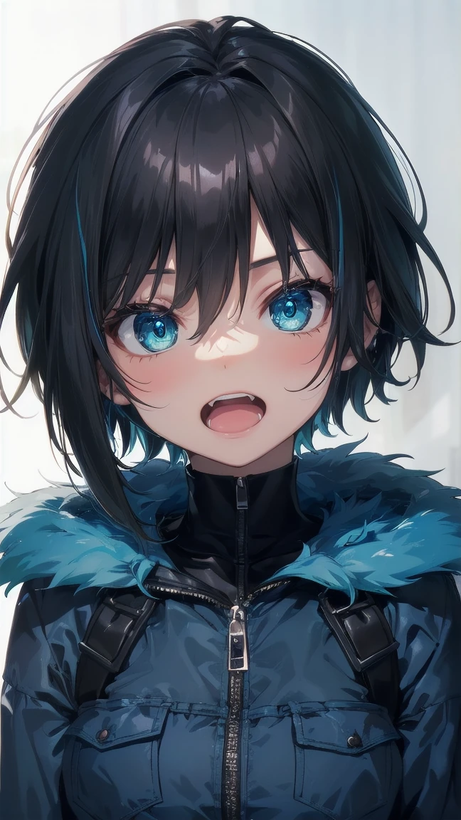 Close-up of a cartoon girl with blue hair and a yellow shirt, 2D Animation, 2D Animation style, 2D Art, 2D Art, 2D from Gorillaz, 2D from Gorillaz, 2D Gorillaz, Screaming Cerket, 2D Sprites, Jinx Face, short hair, Small breasts, hot pants, ((Black Hair, Bright blue fur inside:1.4))