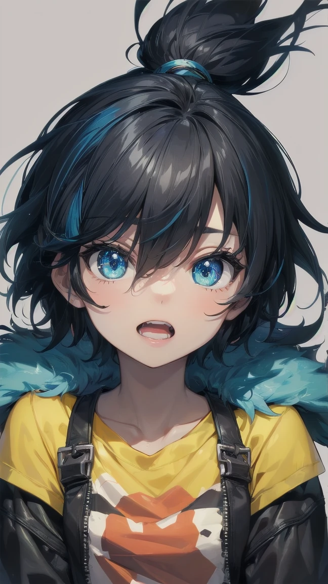 Close-up of a cartoon girl with blue hair and a yellow shirt, 2D Animation, 2D Animation style, 2D Art, 2D Art, 2D from Gorillaz, 2D from Gorillaz, 2D Gorillaz, Screaming Cerket, 2D Sprites, Jinx Face, short hair, Small breasts, hot pants, ((Black Hair, Bright blue fur inside:1.4))