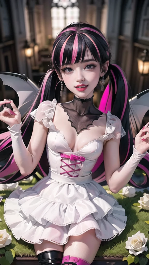 ((high quality)), ((Work of art)), (more detail), 1girl, succubus, centered, a girl with a bat wings, wedding dress, award winning upper body portrait, cowboy shot, Draculaura_MH, solo, black half hair, pink half hair, multicolored hair, long hair, wave hair, braided hair, white shirt, white skirt, pink knee boots, smiling, gothic architecture, cemetery scenery, gold lanterns, white roses, depth of field, cinematic composition, half black hair, half soft pink hair, wave hair, seat close to a coffin, white roses, smile, vampire fangs, wedding dress, bat wings, white dress, white dress with transparency, pink laces, white gloves, white high socks, pink high hills boots, bat jewelry, jewelry, grass, white roses on focus, Draculaura_(monster high), Monster High, looking at the viewer, more details on the clothes, petals in the air