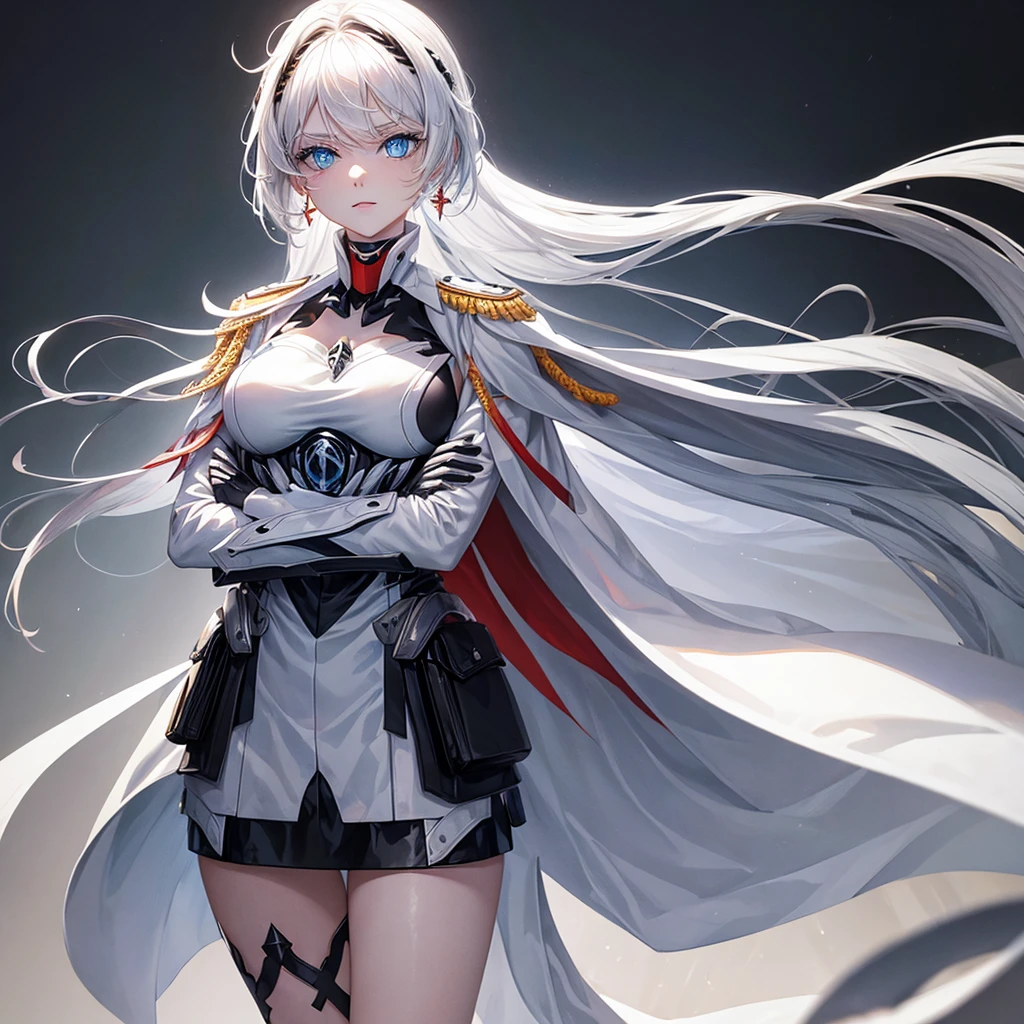 White hair, blue eyes, beautiful female, black military uniform, white leather clothing, white cape, black leather clothing, black gloves, crossed arms