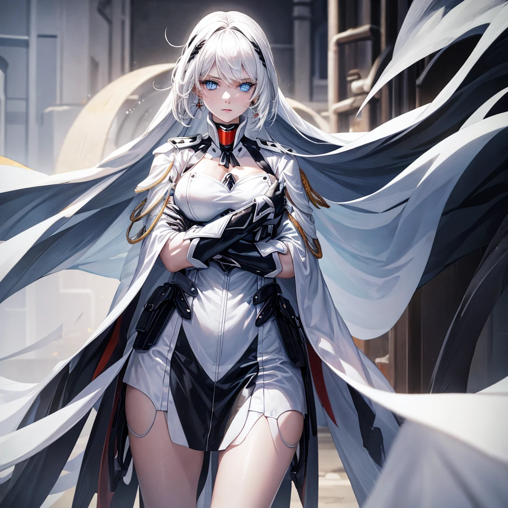 White hair, blue eyes, beautiful female, black military uniform, white leather clothing, white cape, black leather clothing, black gloves, crossed arms